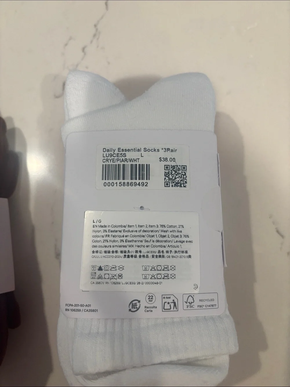 lululemon Daily Essential Unisex Socks 3-Pack, Quarter Length, Sz Large-9.5-12 W